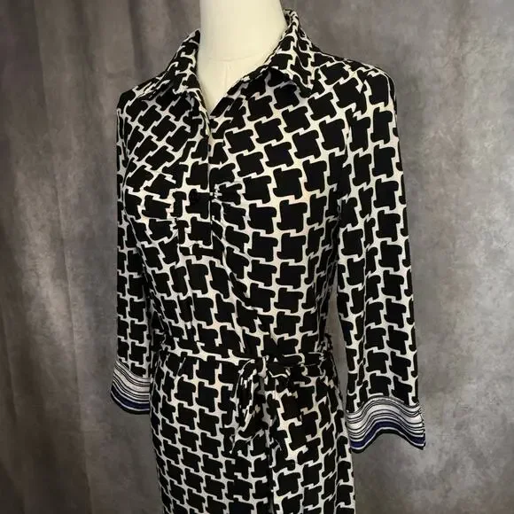 Laundry by Shelli Segal Size 2  Black & White blue bow Geometric Print Dress - Picture 3 of 12